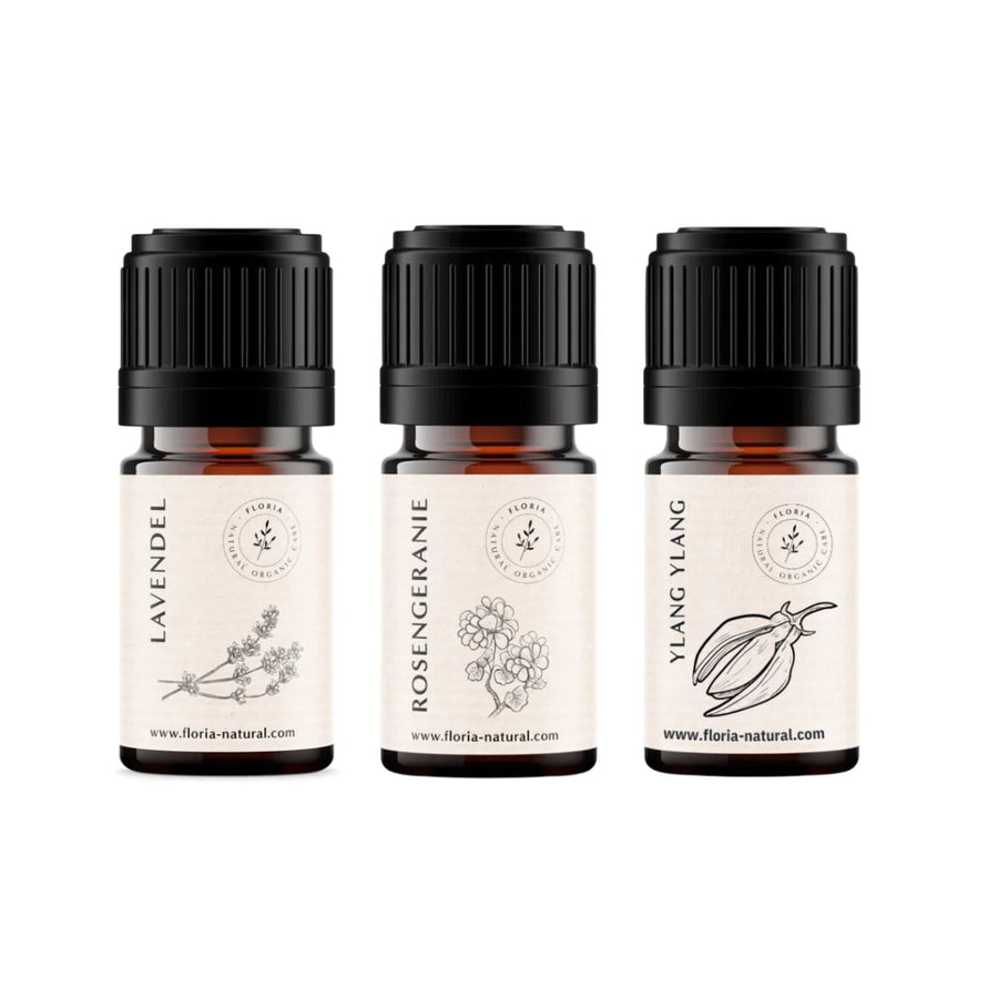 Exquisites Aromatherapie-Set: Ylang Ylang, Lavendel & Rosengeranie | Entspannung und Harmonie für Körper und Geist - FLORIA - FSet018