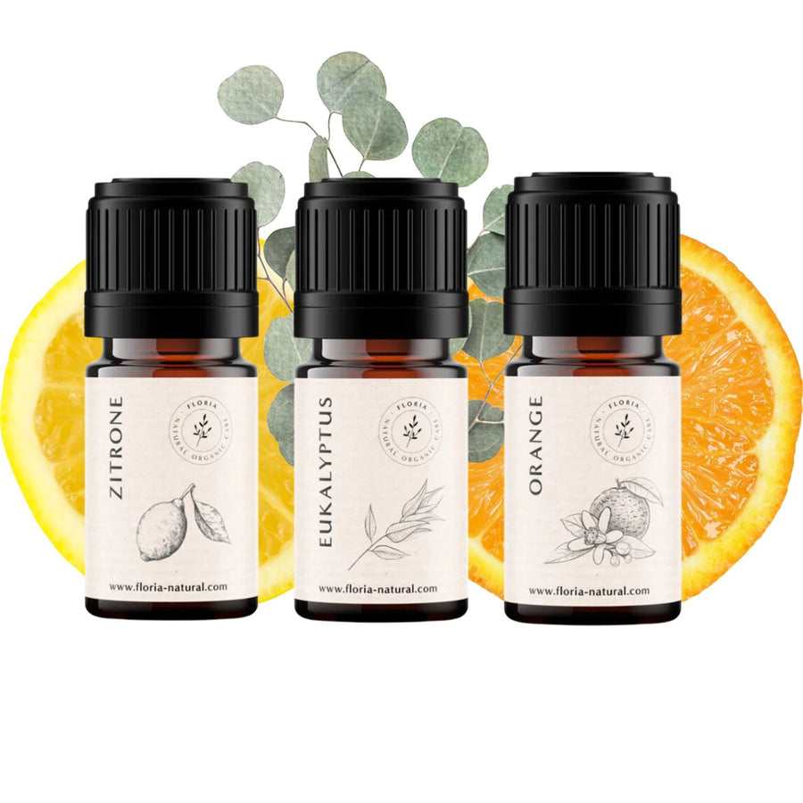 Natürliches Wellness-Set: Bio Eukalyptus, Orange & Zitrone - 100% reine ätherische Öle für Entspannung, Reinigung & Stimmungshebung - FLORIA -